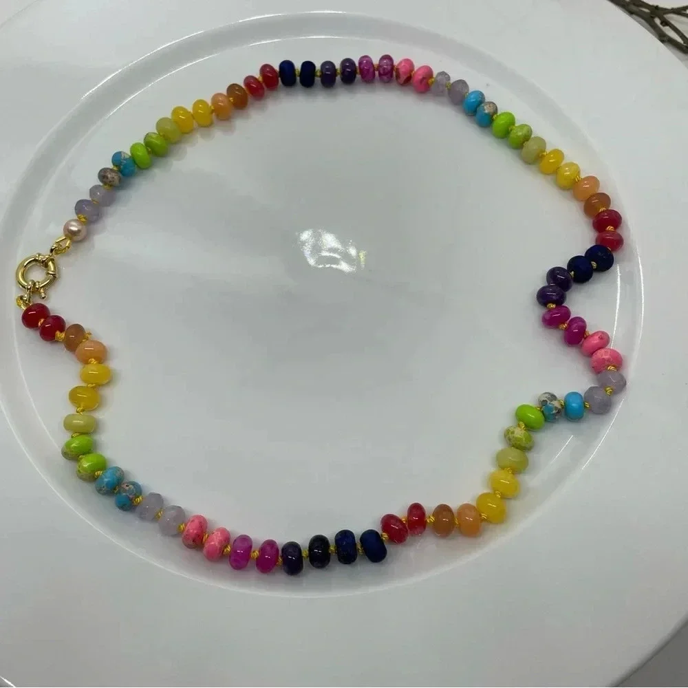 Rainbow Hand Knotted Beaded Necklace 22” Gemstones Silk Gold Plated 925 Silver - Picture 4 of 7